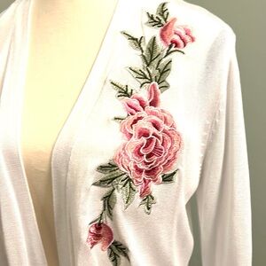 Vintage Joseph A pink Rose Embroidered Long white Open Cardigan L